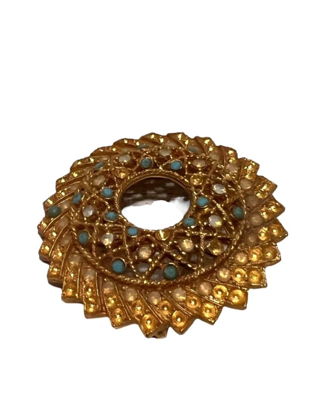 Sarah Cov Signed Vintage Amber Turquoise Rhinestone Gold Costume Brooch Pin - Picture 4 of 9
